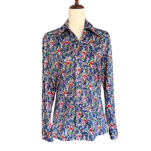 Pascal Tops - Pascal Spanish Women's Shirt Size M Blue Floral Ditsy Button down Vintage 1240